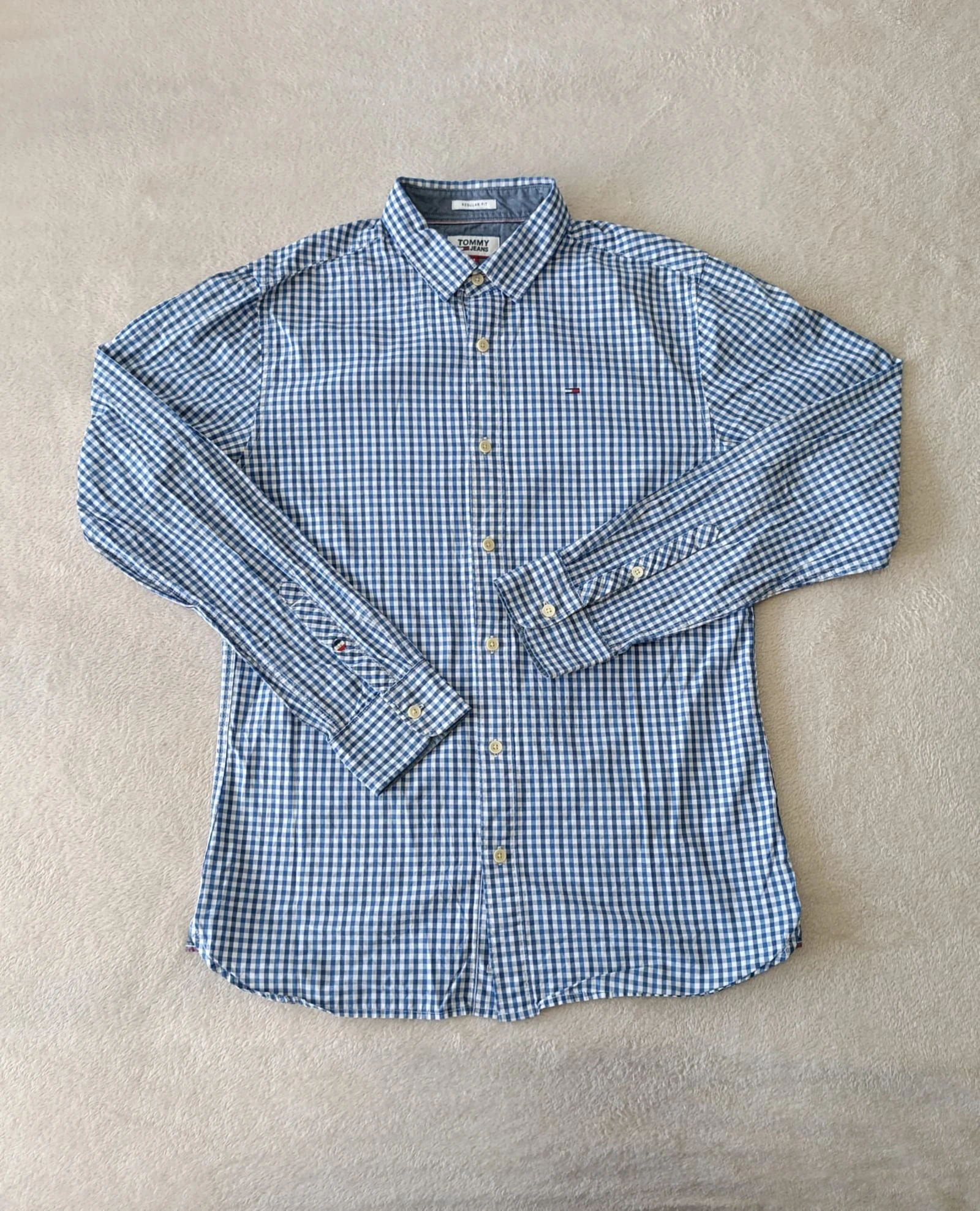 Camisa Tommy Jeans azul a cuadros blancos Logo bordado Talla M – photo 2